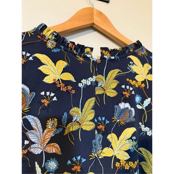 Loft Plus Size 14 Long Sleeve Peasant Shift Dress Navy Blue Floral Leaf Print - Picture 14 of 16